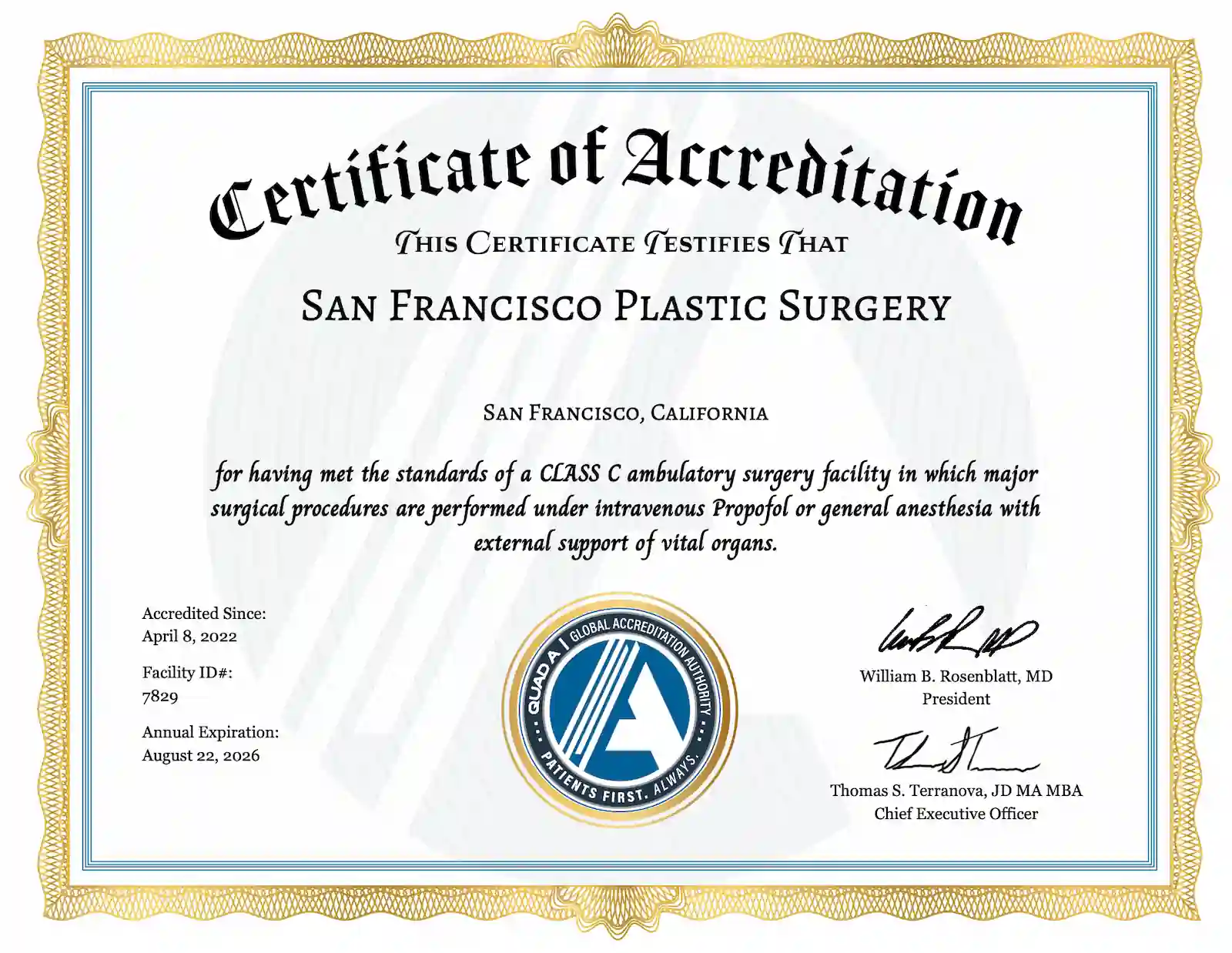 quad a accreditation 2025 san Francisco Plastic Surgery