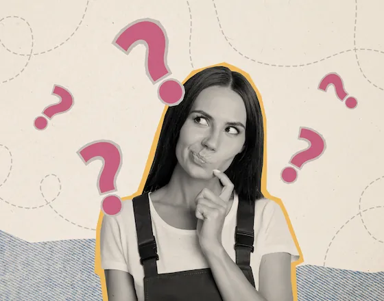 woman looking into camera with illustrated question marks around her head
